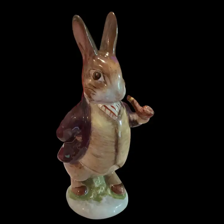 Vintage 1965 / 1970s Beatrix Potter Mr. Benjamin Bunny Figurine. Hand painted & Glossy Finish . Maroon Coat & Pipe In. Highly Collectable Item . Made In Beswick England, Copyright F.Warne & Co, Ltd.