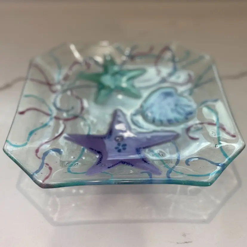 Vintage Signed Andra DuRee 97 Blue Star Fish Fused Glass Octagon Serving Plate