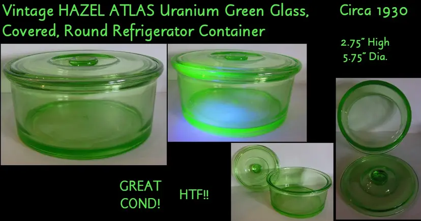 Vintage Hazel Atlas Uranium Green Round Covered Fridge Leftover/Storage Container