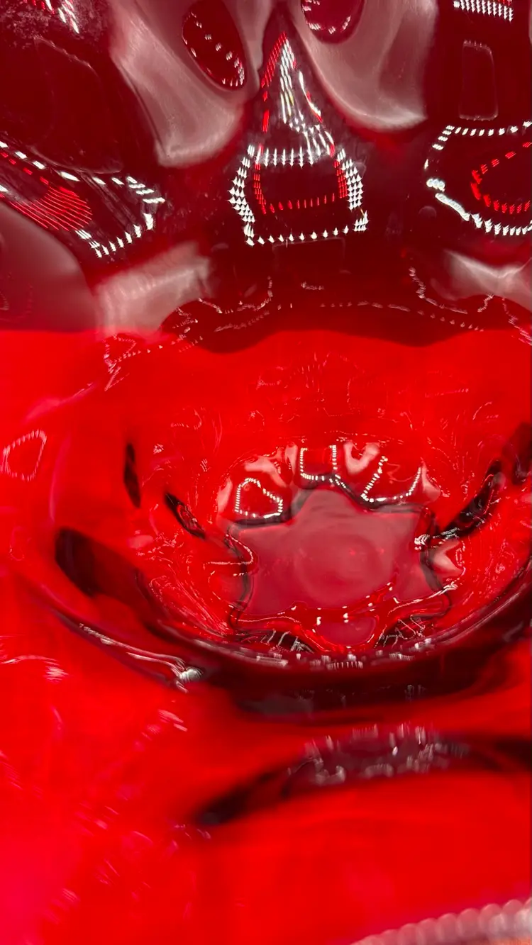 Vintage Viking Glass Ruby Red Epic 6-Petal Footed Ruffled Bowl - MCM 10”x 5.5”