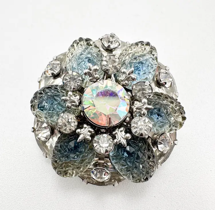Vintage Brooch AB Rivet Icy Blue Silver Tone Unsigned 1.5"D