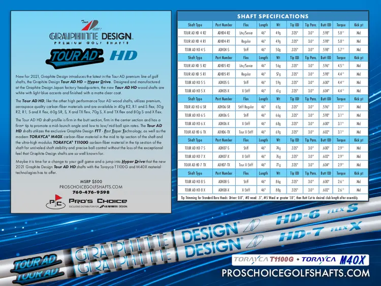Graphite Design Tour AD HD Wood Shafts (Select Weight and Flex)