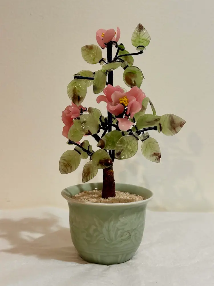 MCM Chinese Bonsai Tree Cherry Blossom Pink W Navy Blue Silk Thread Celadon Pot