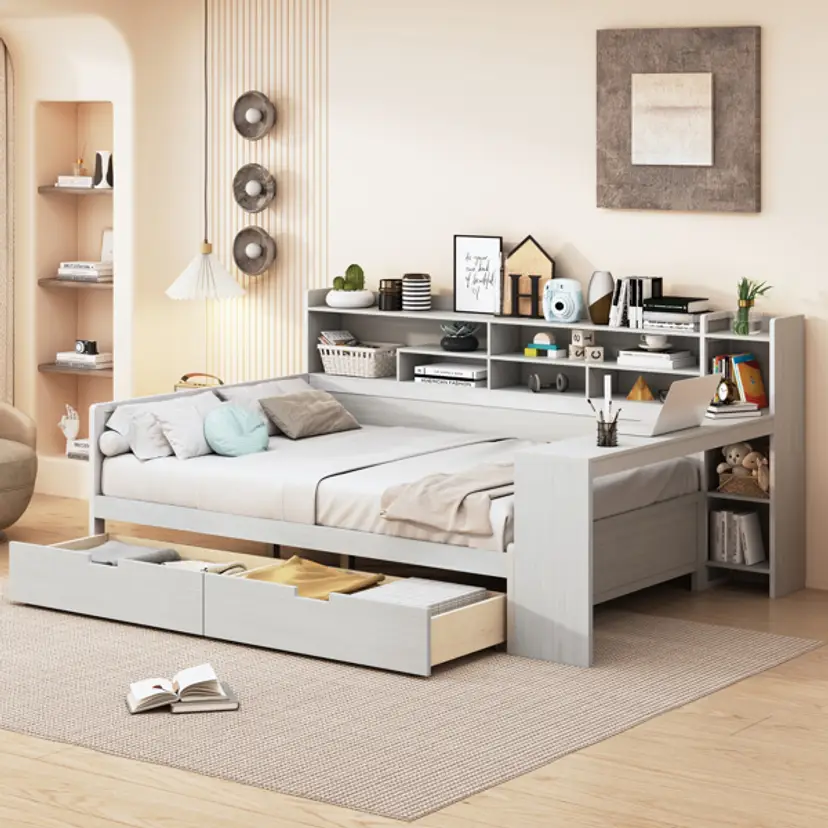 Wooden Full-size Sofa Bed With Storage Rack, Multifunctional Bed With Two Storage Drawers And Desk, Antique White