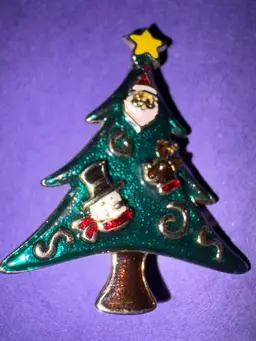 Vintage Christmas Tree Brooch ~ Gold Tone & Green Enamel Tree With Santa, Snowman And Reindeer ~ Glittery