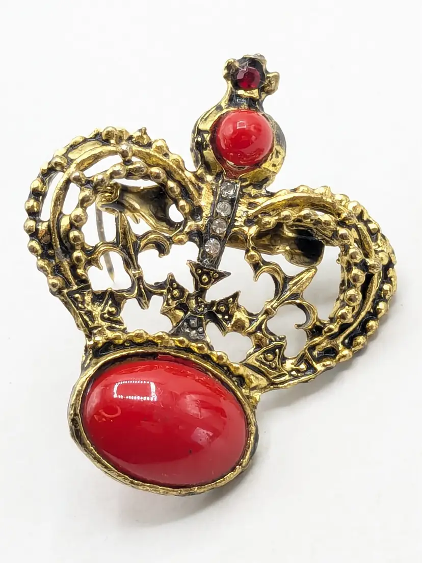 Vintage Gold Tone Crown Brooch with Red Cabochons Rhinestones