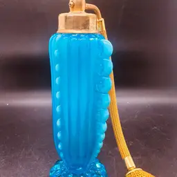 87. Early 1900's Fenton/Devilbiss Scroll Perfume bottle w/ Atomizer in a gorgeous blue