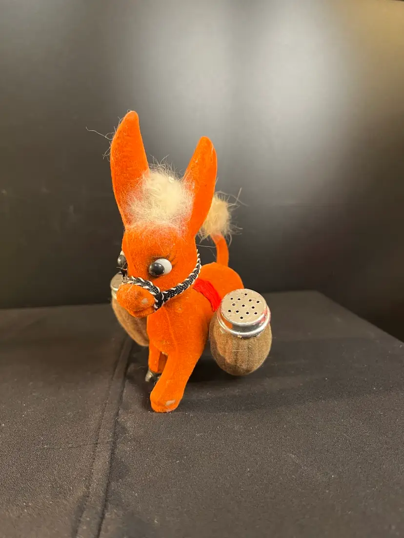 Made in Hong Kong-Orange Flocked w/ Furry Tail and Fore Tock Donkey-He Carries Plastic S & P Shakers