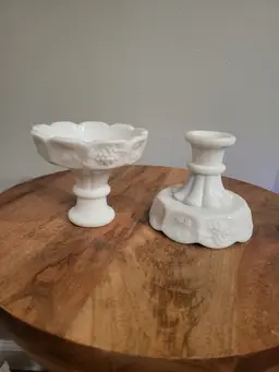 Westmoreland White Pearl Milk Glass Candleholder Pair Paneled Grape Vine