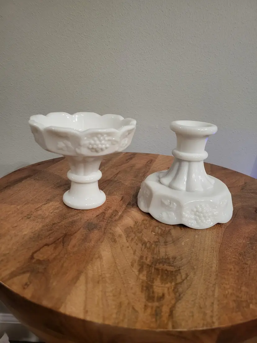 Westmoreland White Pearl Milk Glass Candleholder Pair Paneled Grape Vine