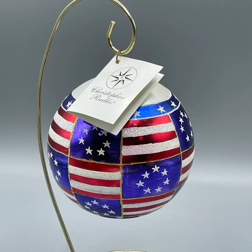 Christopher Radko Inaugural Ball Glass Christmas Ornament American Flag 4" with tag & charm