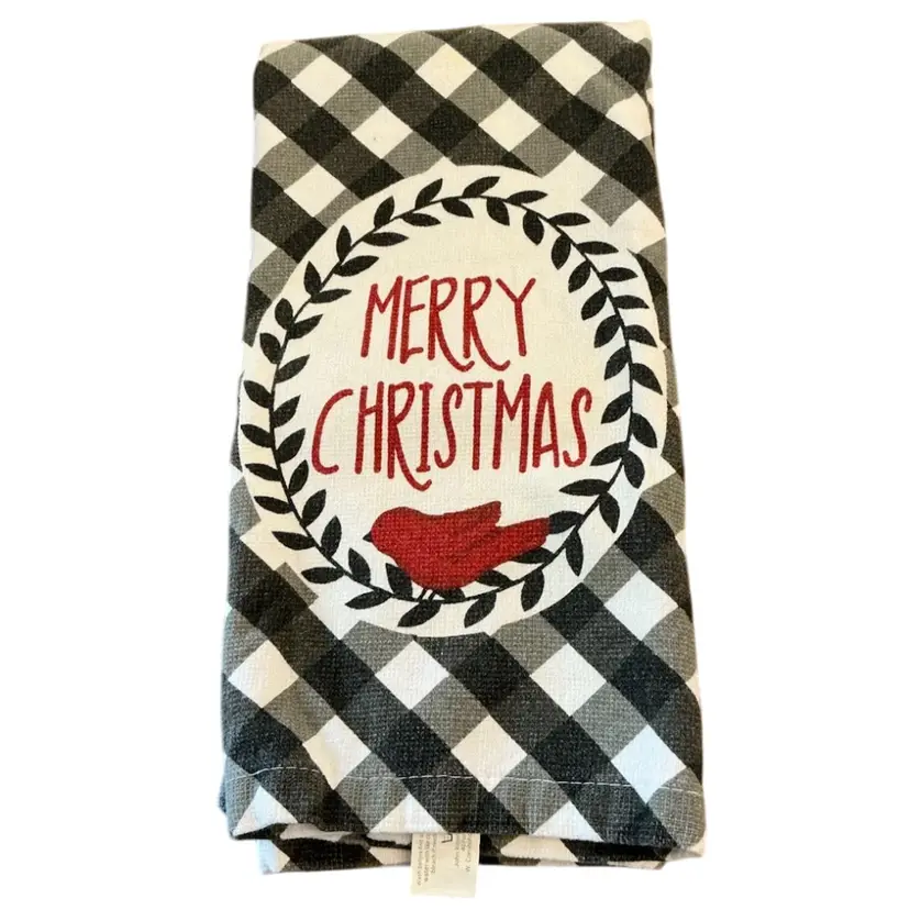 Farm House Style Buffalo Check With Red Bird Merry Christmas Kitchen Towel