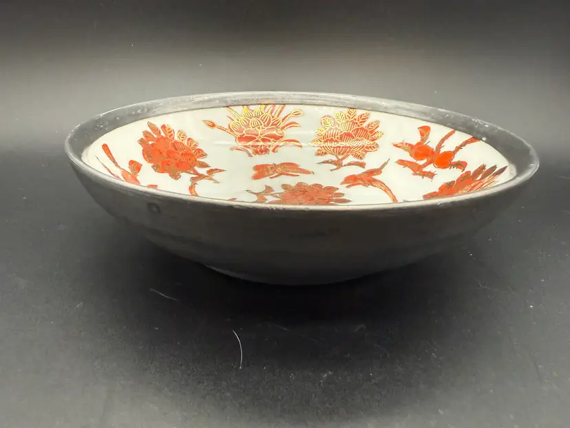 Vintage A.C.F. Chinese Porcelain Ware Pewter Encased Bowl Hong Kong Red/White