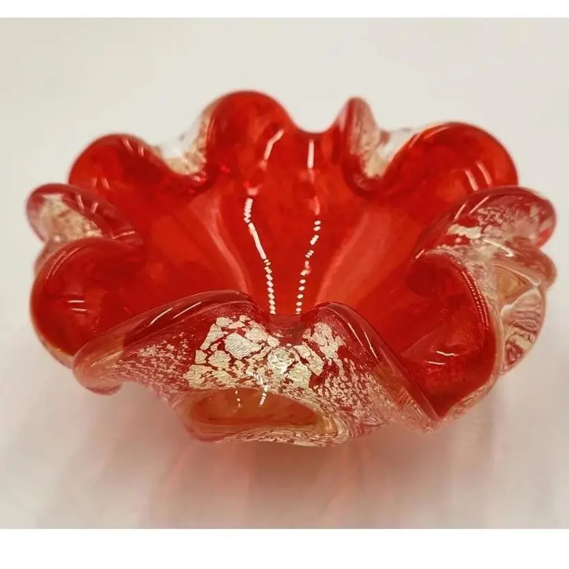Murano Double Ruffled Cased Art Glass Ash Tray Bowl With Gold Argento