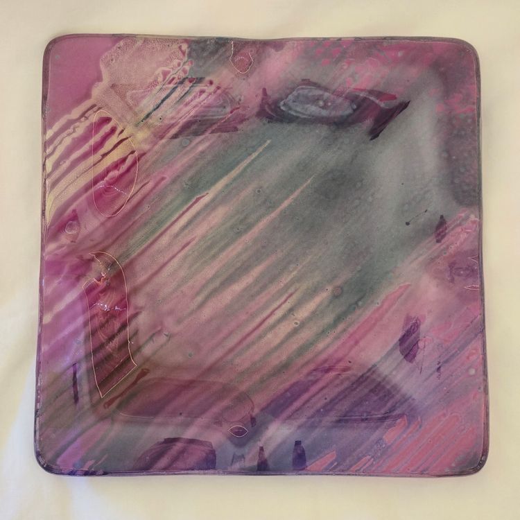 Art Fused Glass Ashtray Decorative Plate Made In Greece Sticker 8½" Square approximately