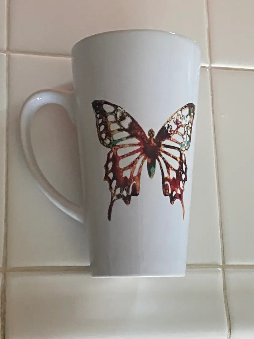 Tall Ceramic Coffee Cup Mug White With Red Butterfly Graphic On Both Sides 6”H