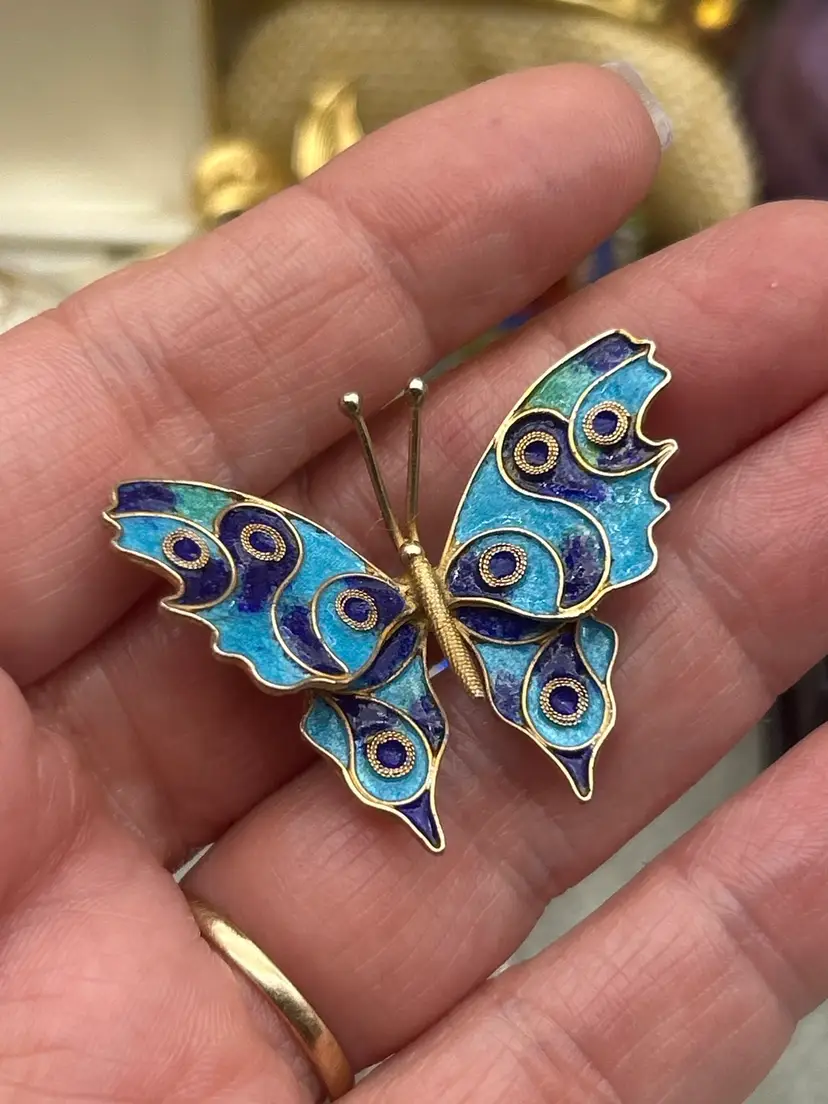 Promise * Vintage Cloisonné Style Butterfly Brooch – Blue & Turquoise Enamel – 1/20 14K Gold Filled – Mid Century
