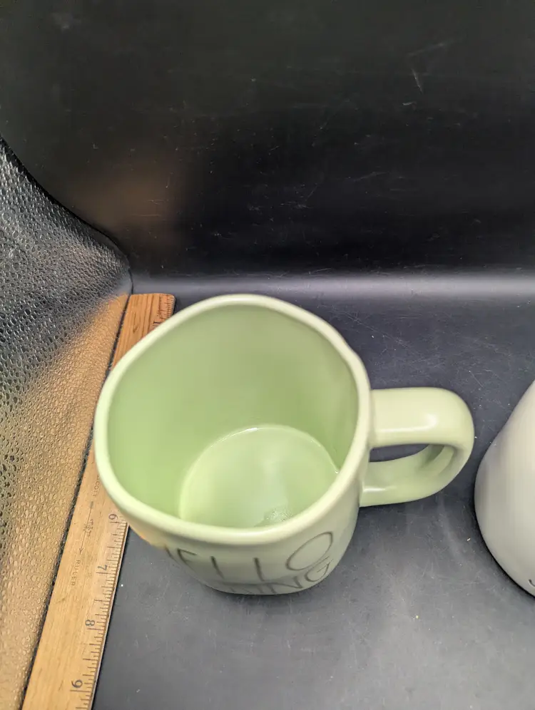Lot Of 2 "Hello Spring" Rae Dunn Mugs Green And White.