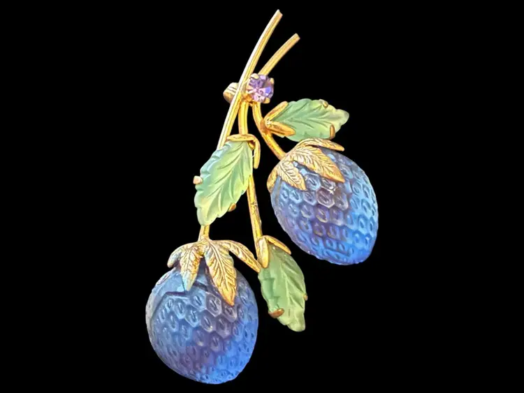 Austrian Crystal Blue Strawberry Brooch 2.25”