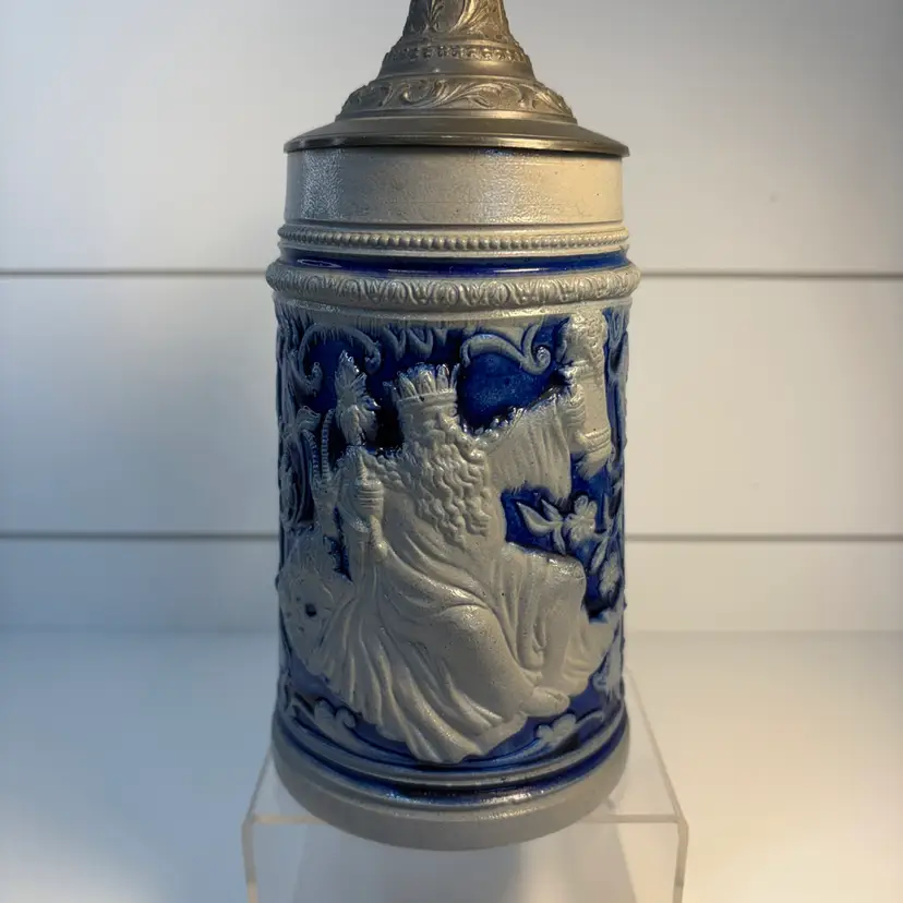 Cobalt, Blue And Gray Ceramic Beer Stein With Pewter Lid made In Germany