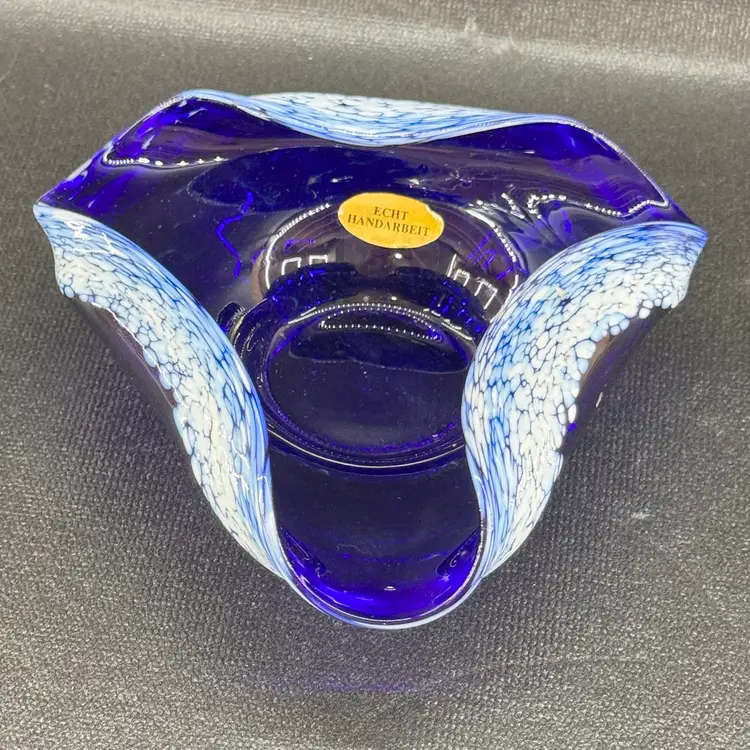 Handcrafted German Cobalt Blue & White Art Glass Bowl