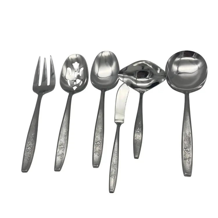 6-Piece Vintage Hull Stainless Steel Serving Set Viscount Pattern Floral Design