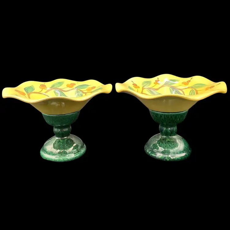 Vintage Gail Pittman "Cherries" 2 Scalloped Bowls & Pedestals/Candle Holders, Signed