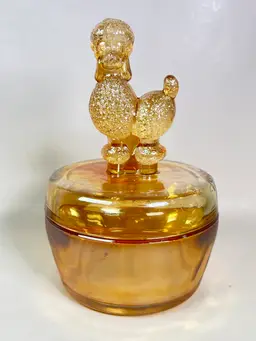 Vintage Jeannette Marigold Carnival Glass 1950s Poodle Powder Jar Trinket Box