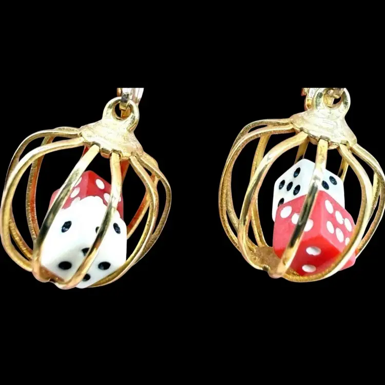Vintage Caged Dice Earrings Gold Tone Pierced Hooks Converted From Screw Backs
