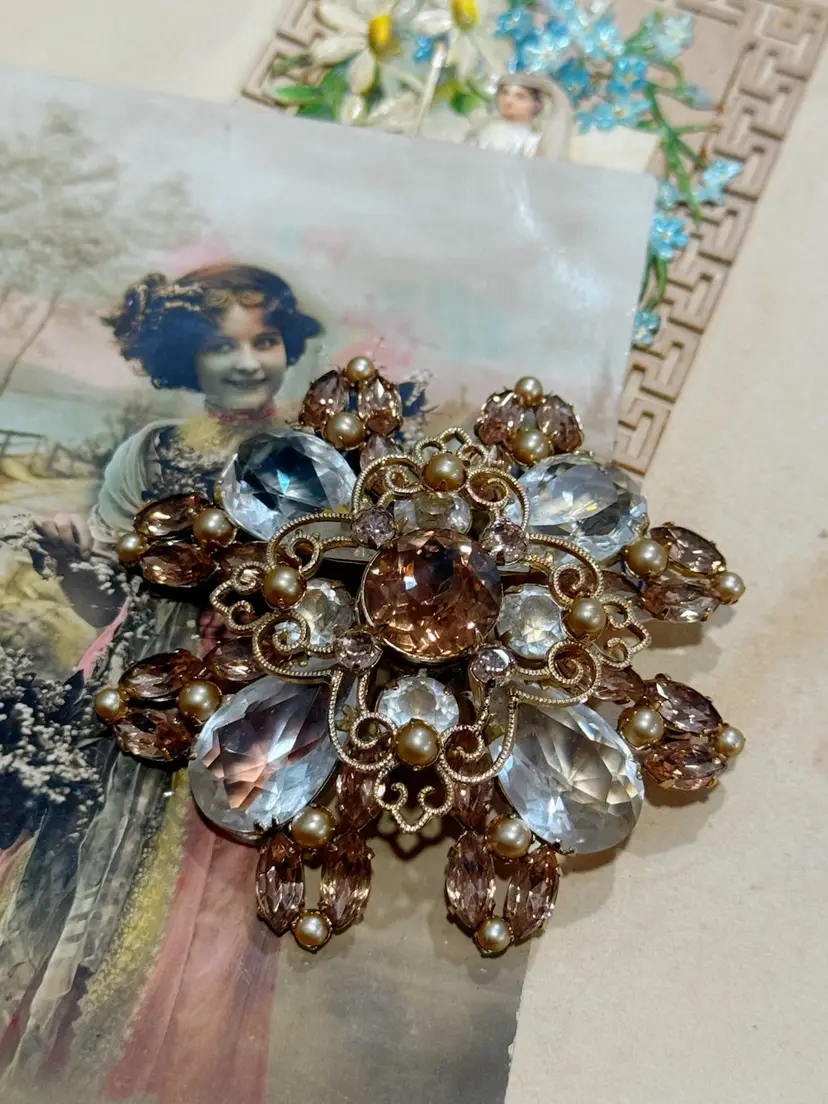 Large Rhinestone & Pearl Brooch