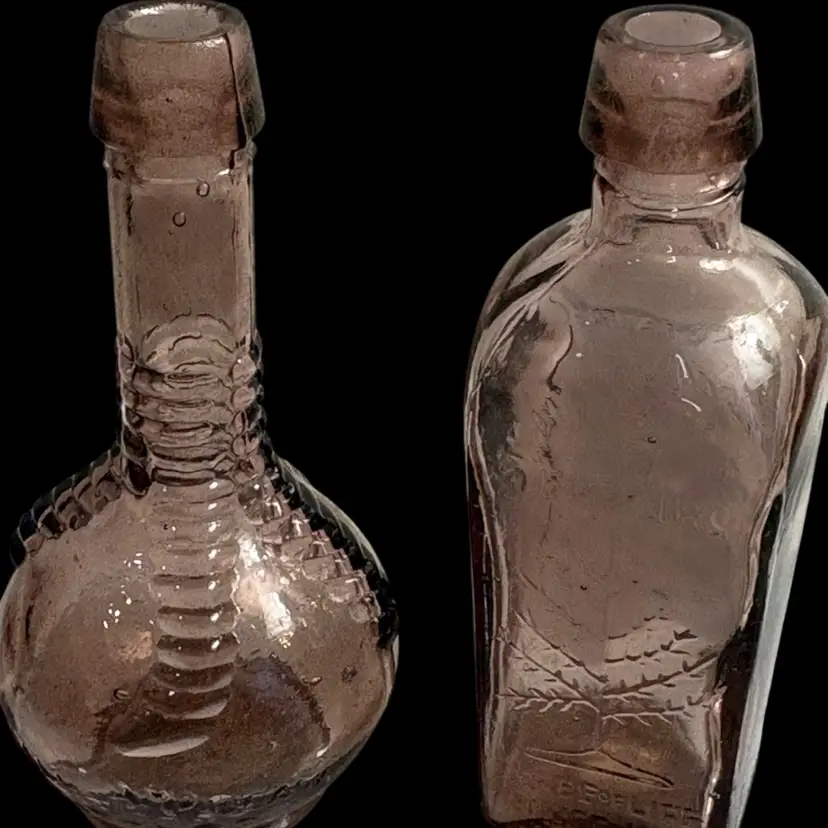 Wheaton 2 VTG Miniature Glass Bottles Purple Tree Of Life And Barrel Of Bitters