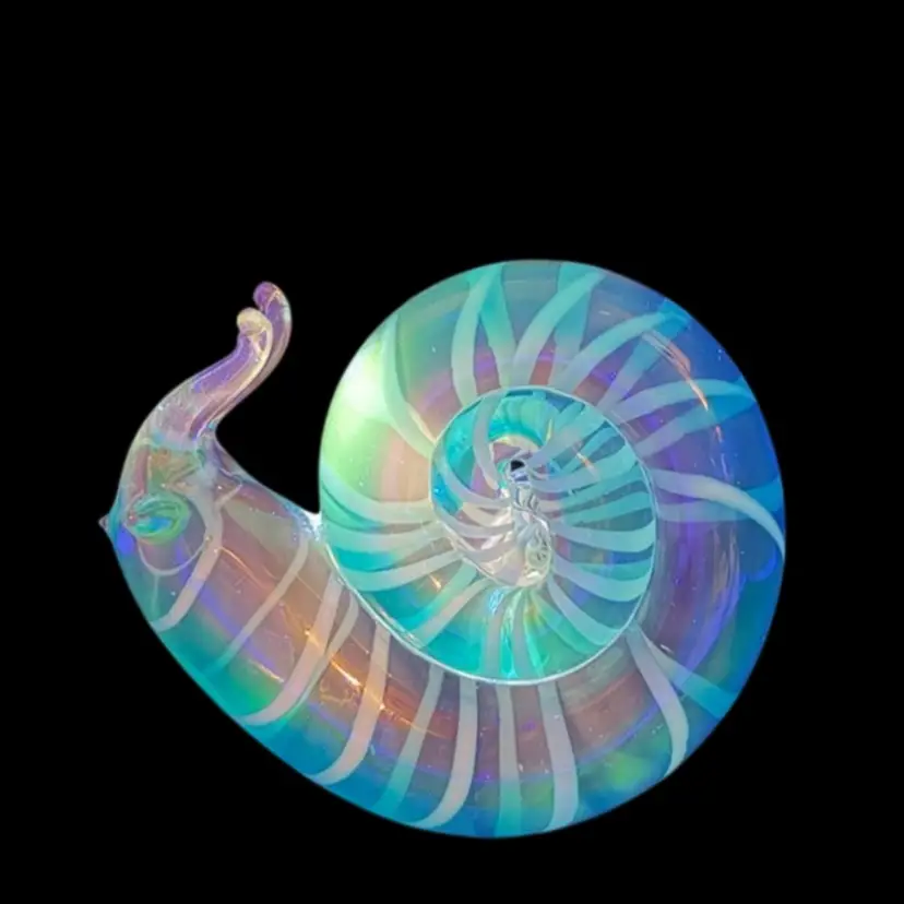 Art Glass Snail Paperweight Blue With White Stripes Glows
5-1/4” T x 6” L x 2-1/4” W