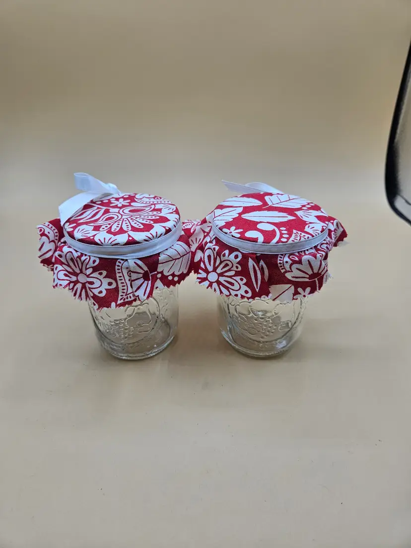 2 Small 6oz BALL Jars w/ Red White Fabric Tops, USA
