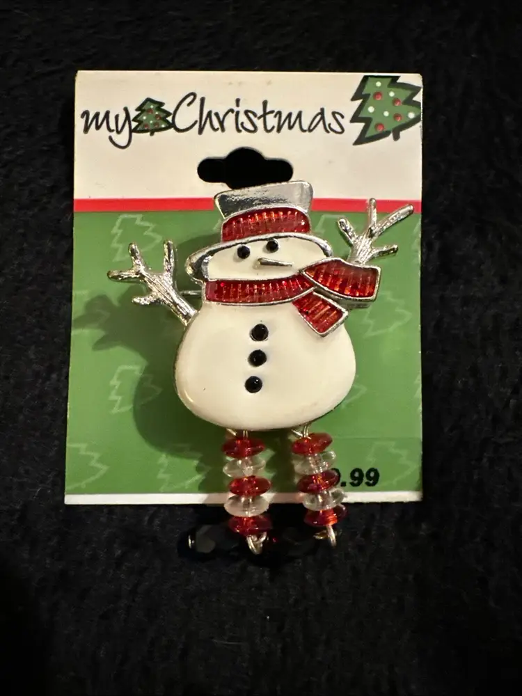 Enamel Snowman Christmas Holiday Pin / Brooch with Dangle Bead Legs & Feet