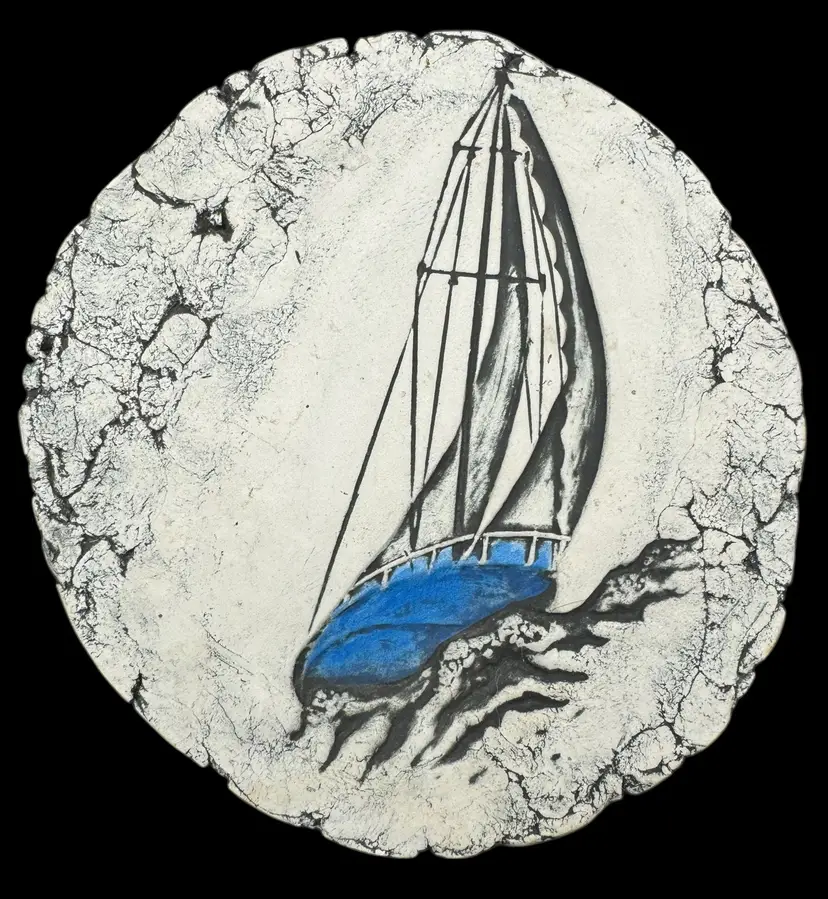 Vintage Shapes of Clay Stan Langtwait Sail Boat Wall Plaque Art Blue White Black