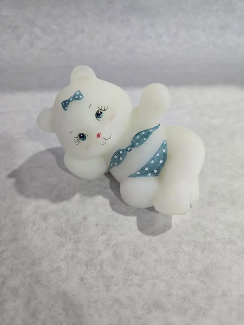 Vintage Fenton Opal Satin Hand Painted Reclining Girl Bear