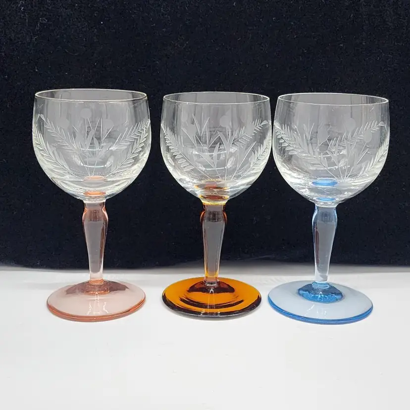 Tiffin Etched Blue Pink & Amber Stemware Wine Glass 5.5" Vintage