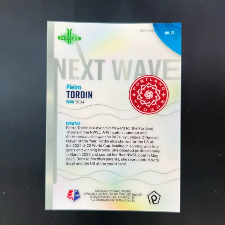 Pietra Tordin 2025 Parkside NWSL Pacific Next Wave Soccer Card