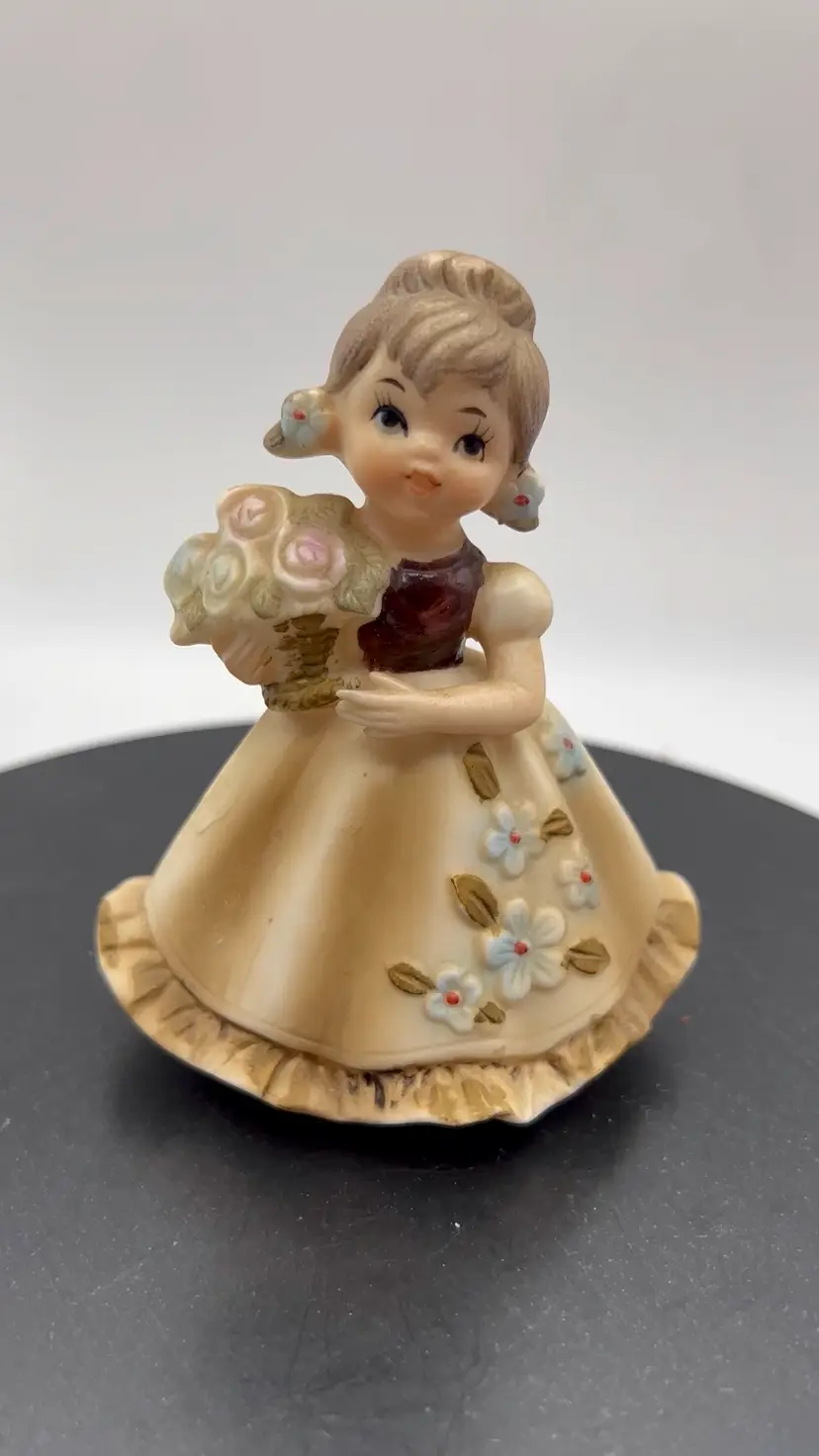 Precious Porcelain Doll In Brown Dress With Flowers