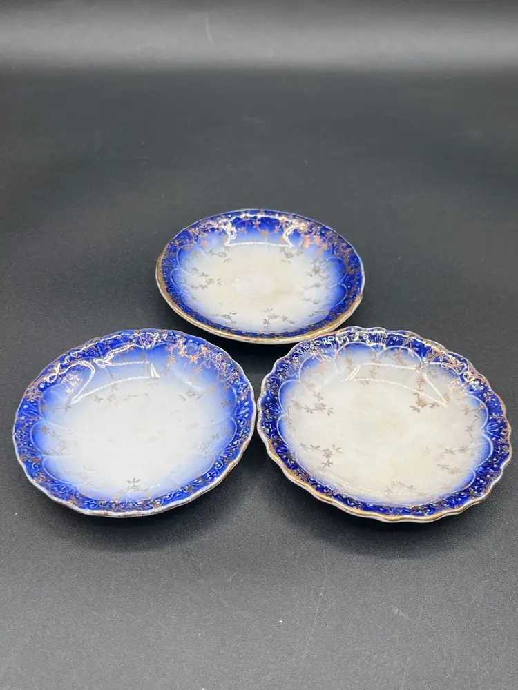 #19 Set of 3 Antique 1890s New Wharf Pottery Flow Blue Porcelain Butter Pat Dishes Gold Accent 3.25"