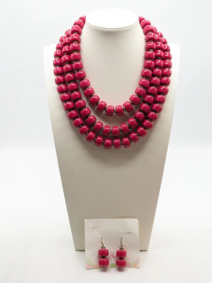 Premiere Designs Bold Pink Beaded Three-Strand Necklace and Earring Set NWT