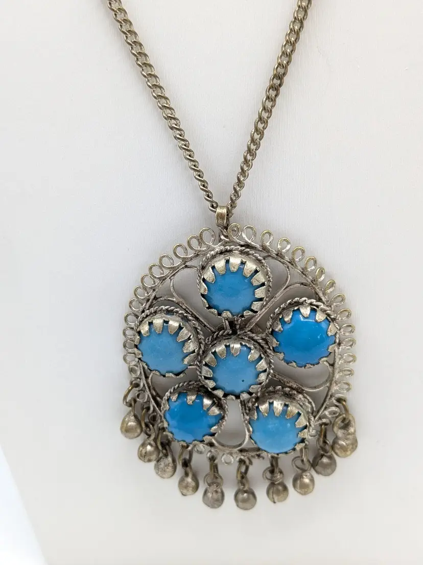 Vintage Blue Cabochon Pendant Fringe Chain Necklace Silver Tone Southwest Style