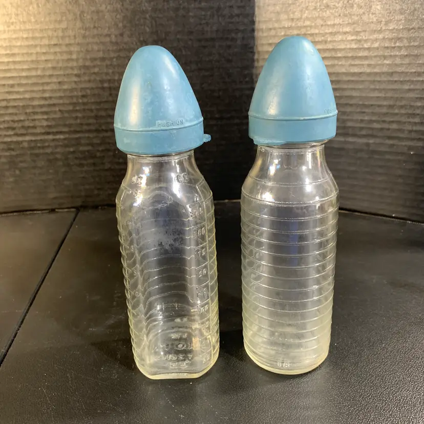 2-Vintage Stork Glass Baby Bottles 8 oz.
