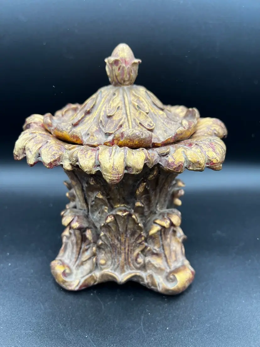 019. Ornate Decorative Resin Pedestal Bowl Lid Jar Floral Design Antique Gold Finish