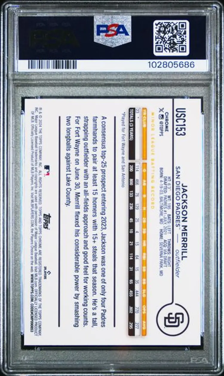 Jackson Merrill 2024 Topps Chrome Update Padres RC SP PSA 10