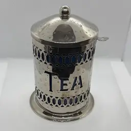 Vintage Hammered Metal Tea Canister With Removable Plastic Blue Insert, Without Spoon
