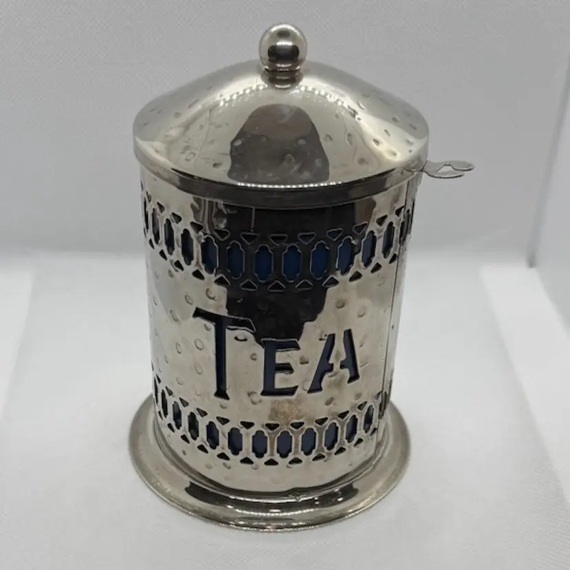 Vintage Hammered Metal Tea Canister With Removable Plastic Blue Insert, Without Spoon