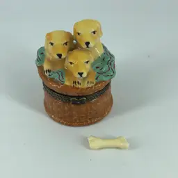 Puppy Dogs in Basket Trinket Box with Bone Trinket