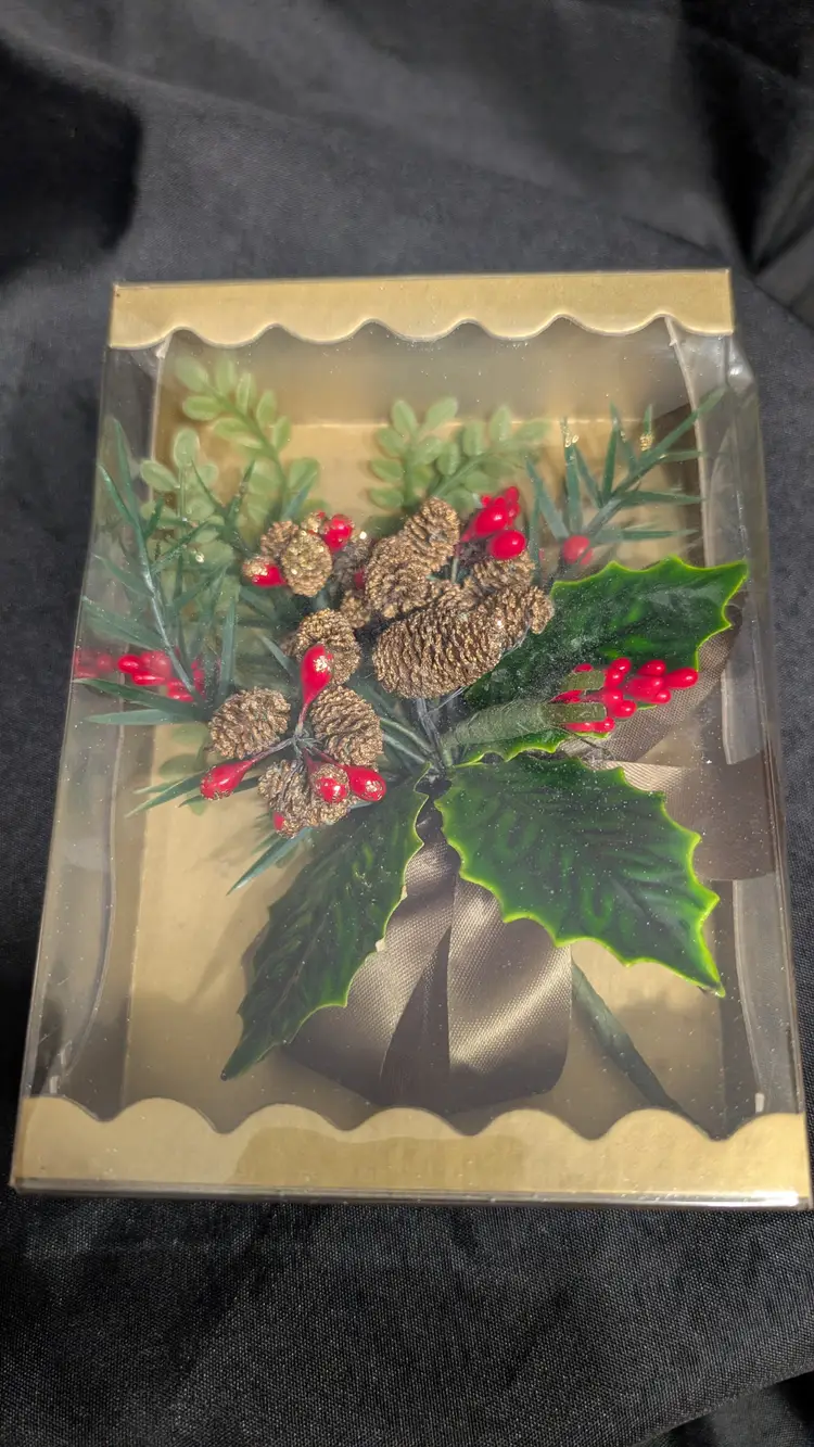 Holly with pine cones corsage 1950's-60's