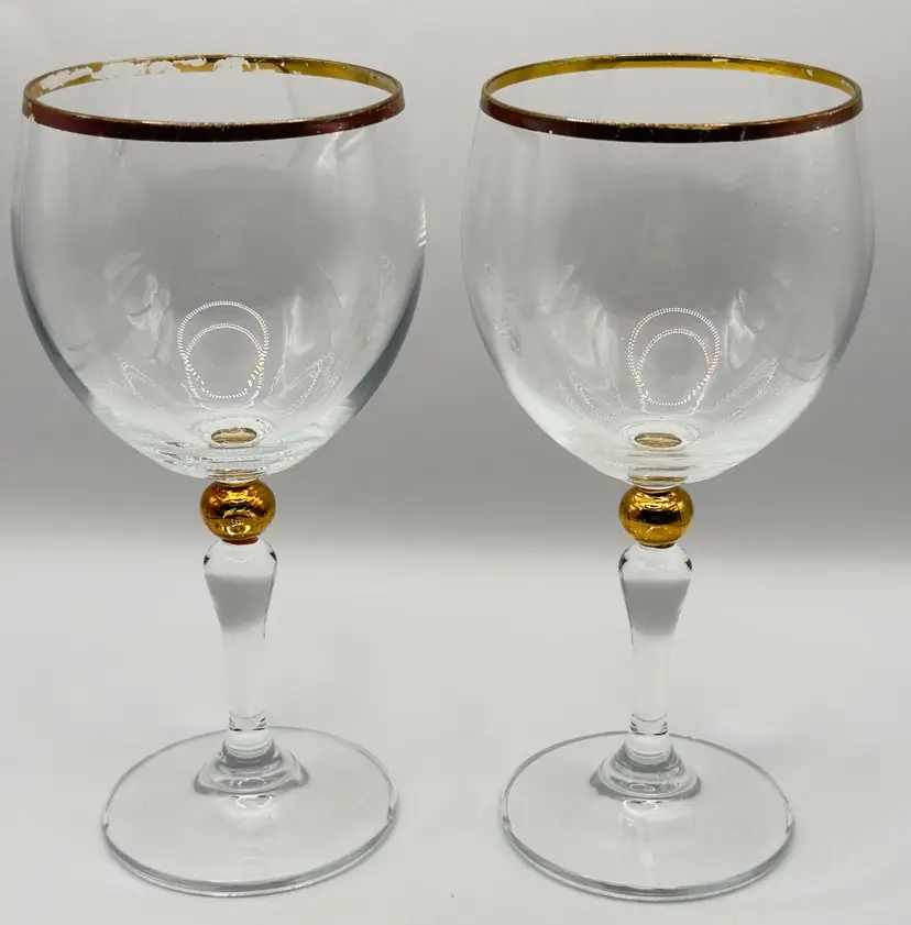 Vintage Gold Rimmed Wine Glasses Set of 2, Elegant Barware with Ornate Stems, By Bohemia Crystal-Crystalex, Made in Bohemia